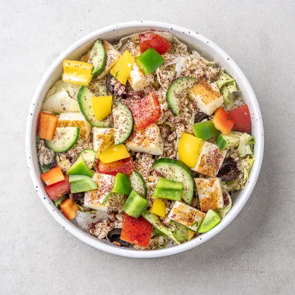 Grilled Halloumi, Sumac Orzo & Trio Pepper Salad With Ruman Dressing